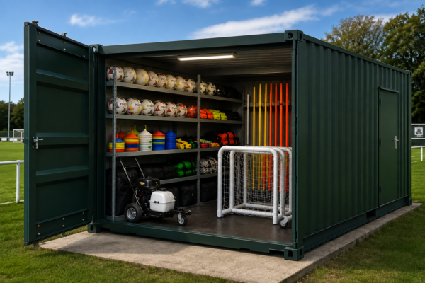 Football equipment storage container for a grassroots football club in Wales